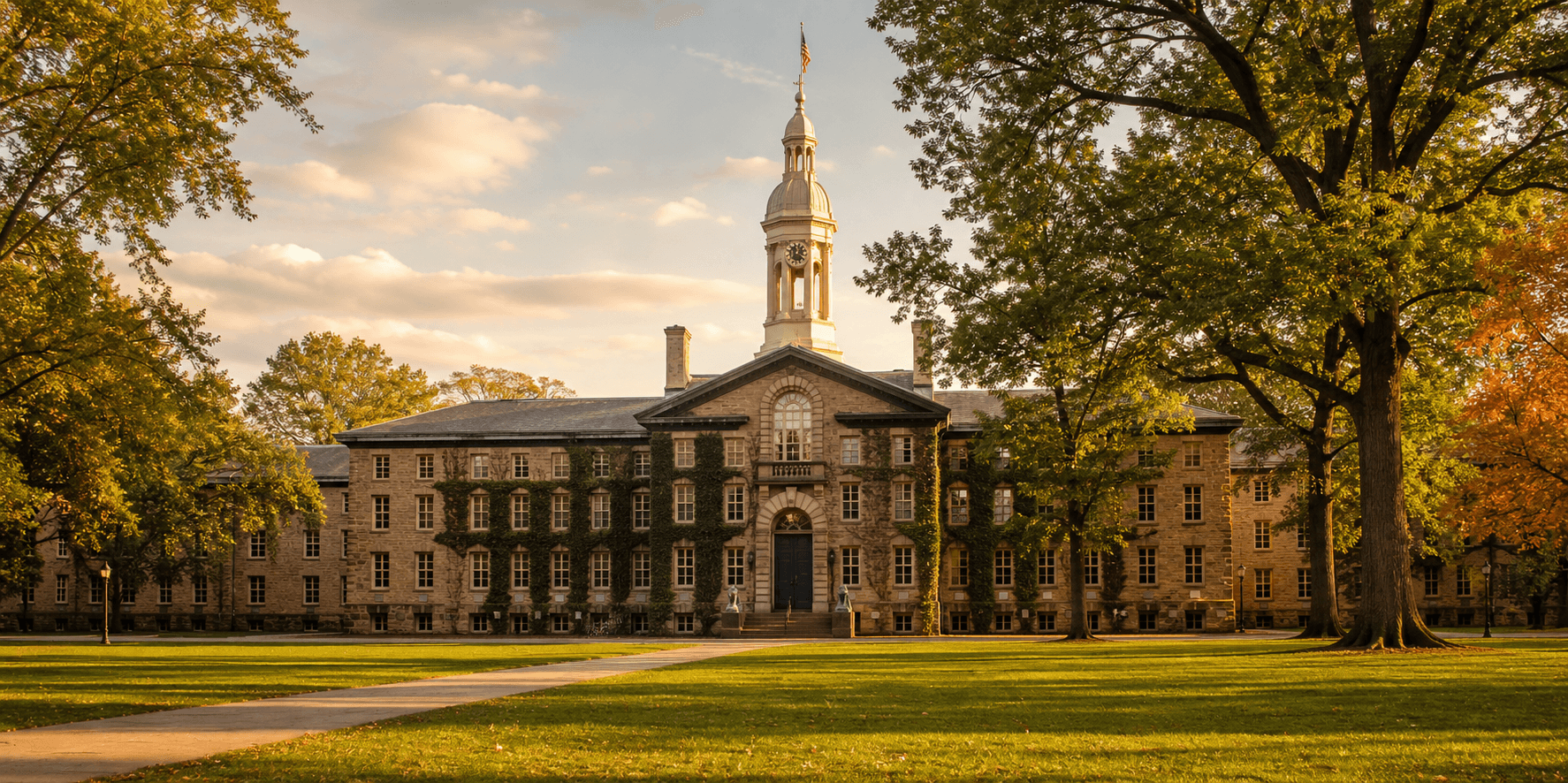 Nassau Hall on Princeton's campus seen from the front lawn in warm afternoon light.